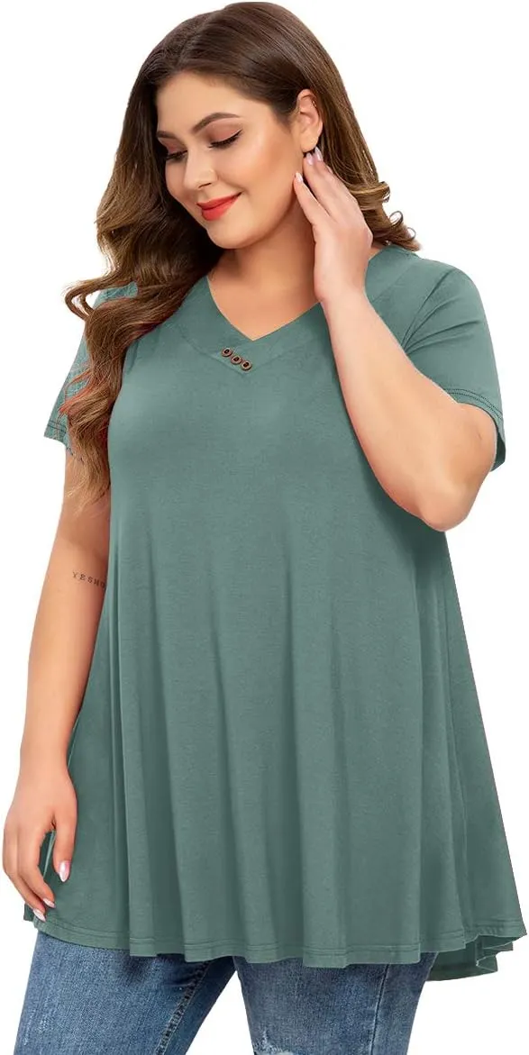 MONNURO Womens Plus Size Short Sleeve V Neck Button Basic Tunic Tops Summer Swing Shirts Blouses for Leggings