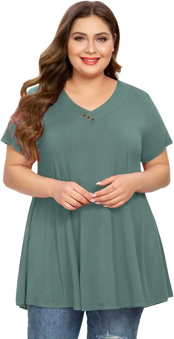 MONNURO Womens Plus Size Short Sleeve V Neck Button Basic Tunic Tops Summer Swing Shirts Blouses for Leggings