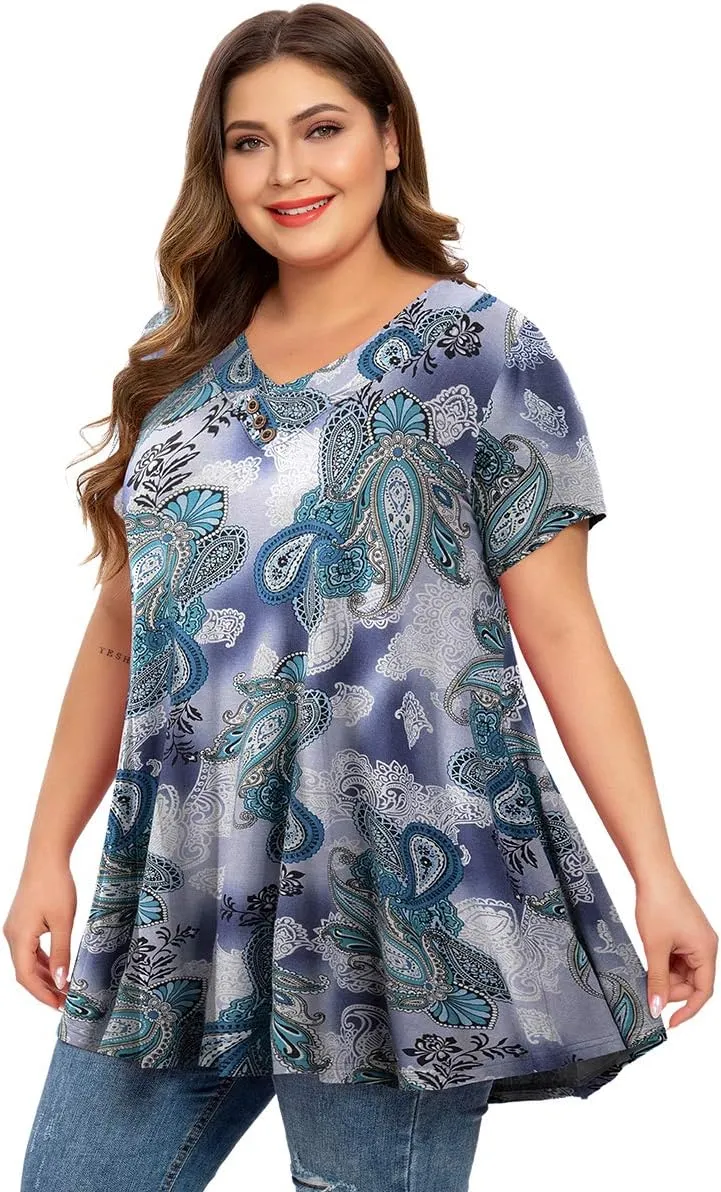 MONNURO Womens Plus Size Short Sleeve V Neck Button Basic Tunic Tops Summer Swing Shirts Blouses for Leggings
