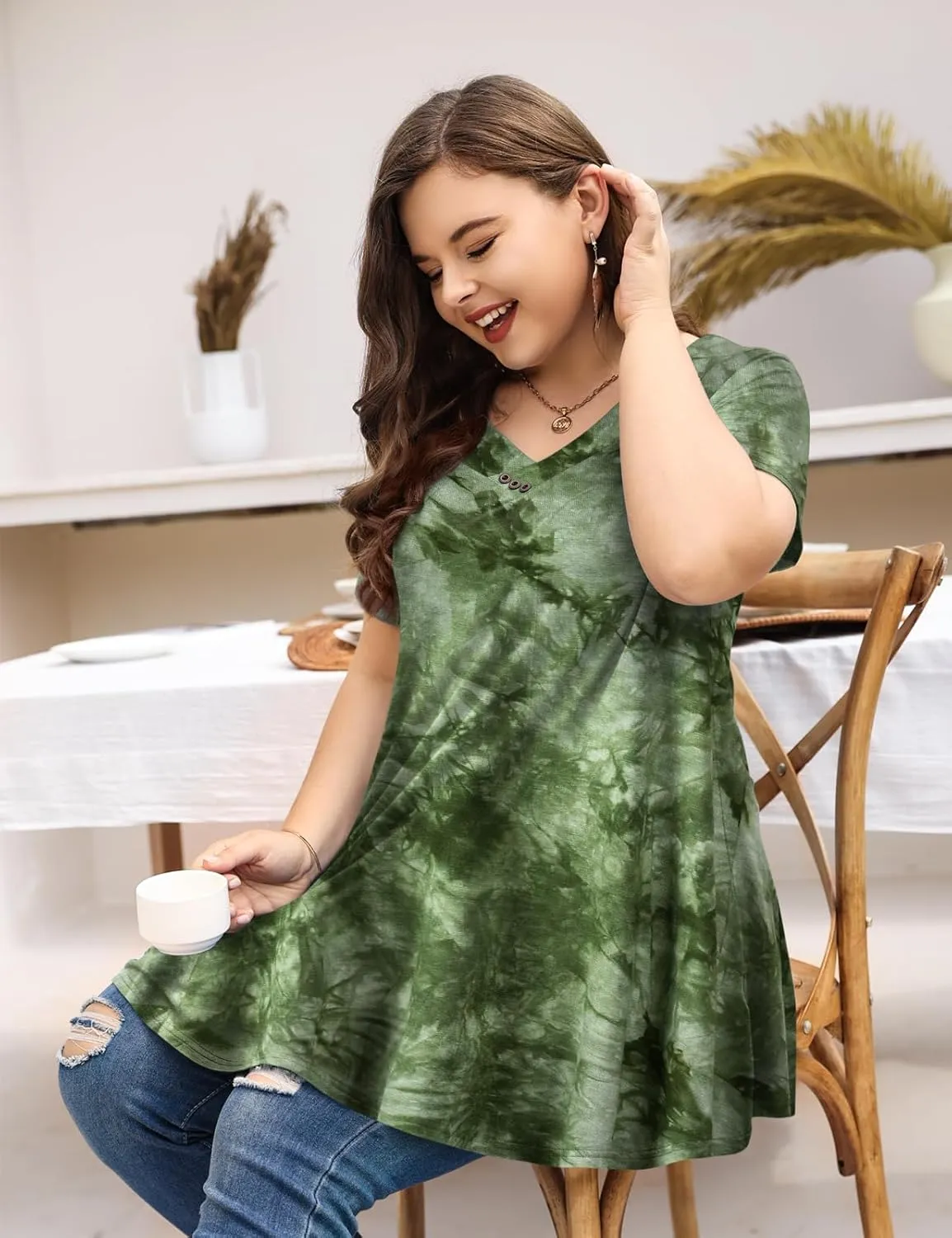 MONNURO Womens Plus Size Short Sleeve V Neck Button Basic Tunic Tops Summer Swing Shirts Blouses for Leggings