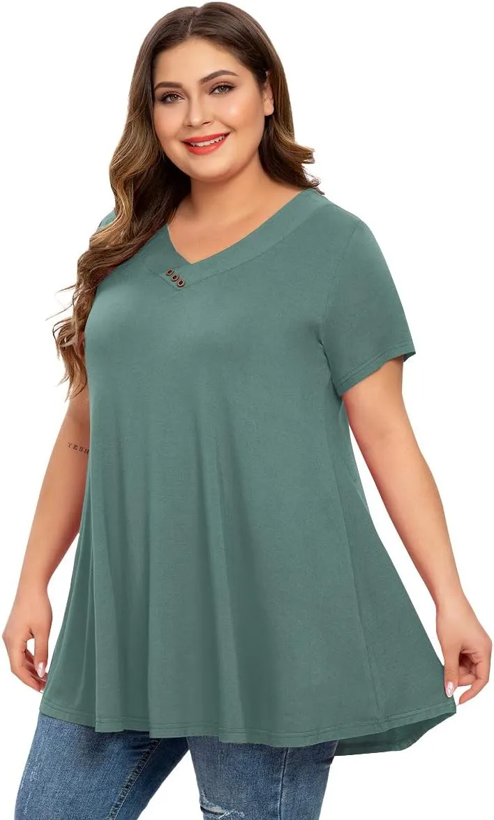 MONNURO Womens Plus Size Short Sleeve V Neck Button Basic Tunic Tops Summer Swing Shirts Blouses for Leggings