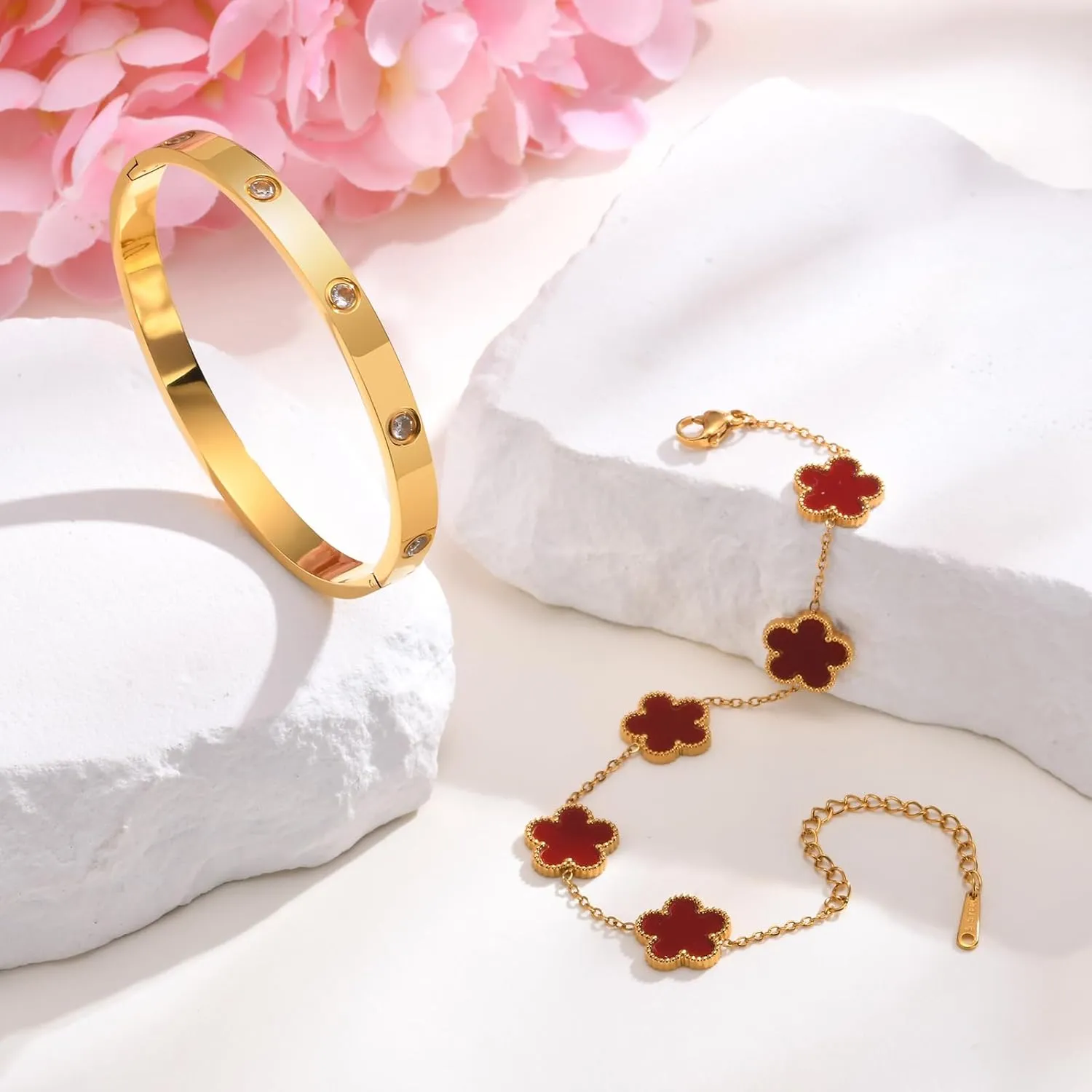 MPRAINBOW Womens Stackable Gold Bracelets Jewelry, 18K Gold Plated Floral Bracelet,Bangles Non Tarnish, Gold Cubic Zirconia Chain Set Trendy Gift,Christmas Valentines Birthday Gifts for Girlfriend