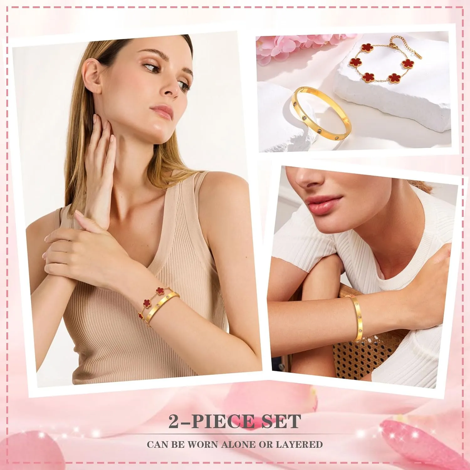 MPRAINBOW Womens Stackable Gold Bracelets Jewelry, 18K Gold Plated Floral Bracelet,Bangles Non Tarnish, Gold Cubic Zirconia Chain Set Trendy Gift,Christmas Valentines Birthday Gifts for Girlfriend
