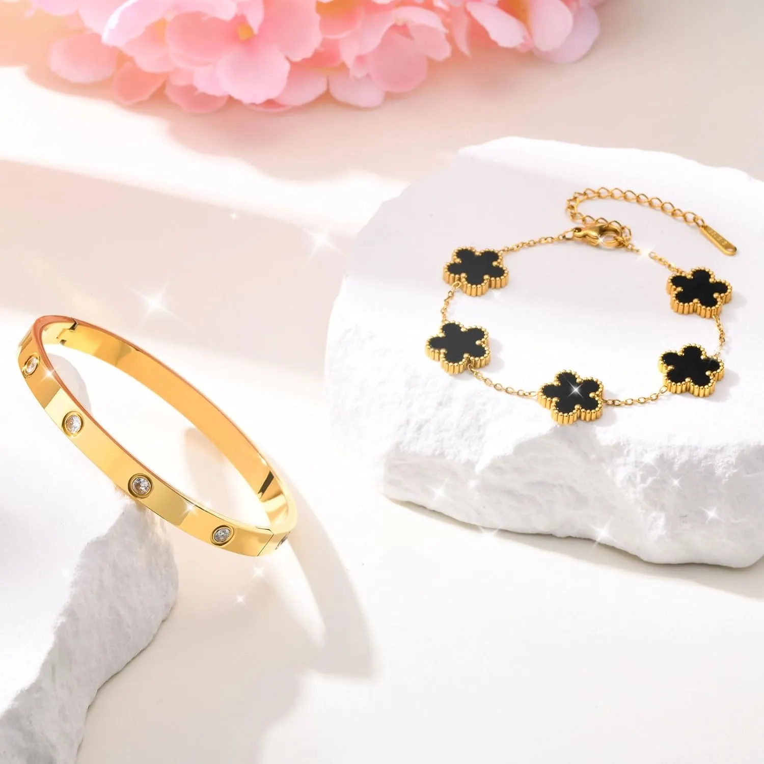 MPRAINBOW Womens Stackable Gold Bracelets Jewelry, 18K Gold Plated Floral Bracelet,Bangles Non Tarnish, Gold Cubic Zirconia Chain Set Trendy Gift,Christmas Valentines Birthday Gifts for Girlfriend