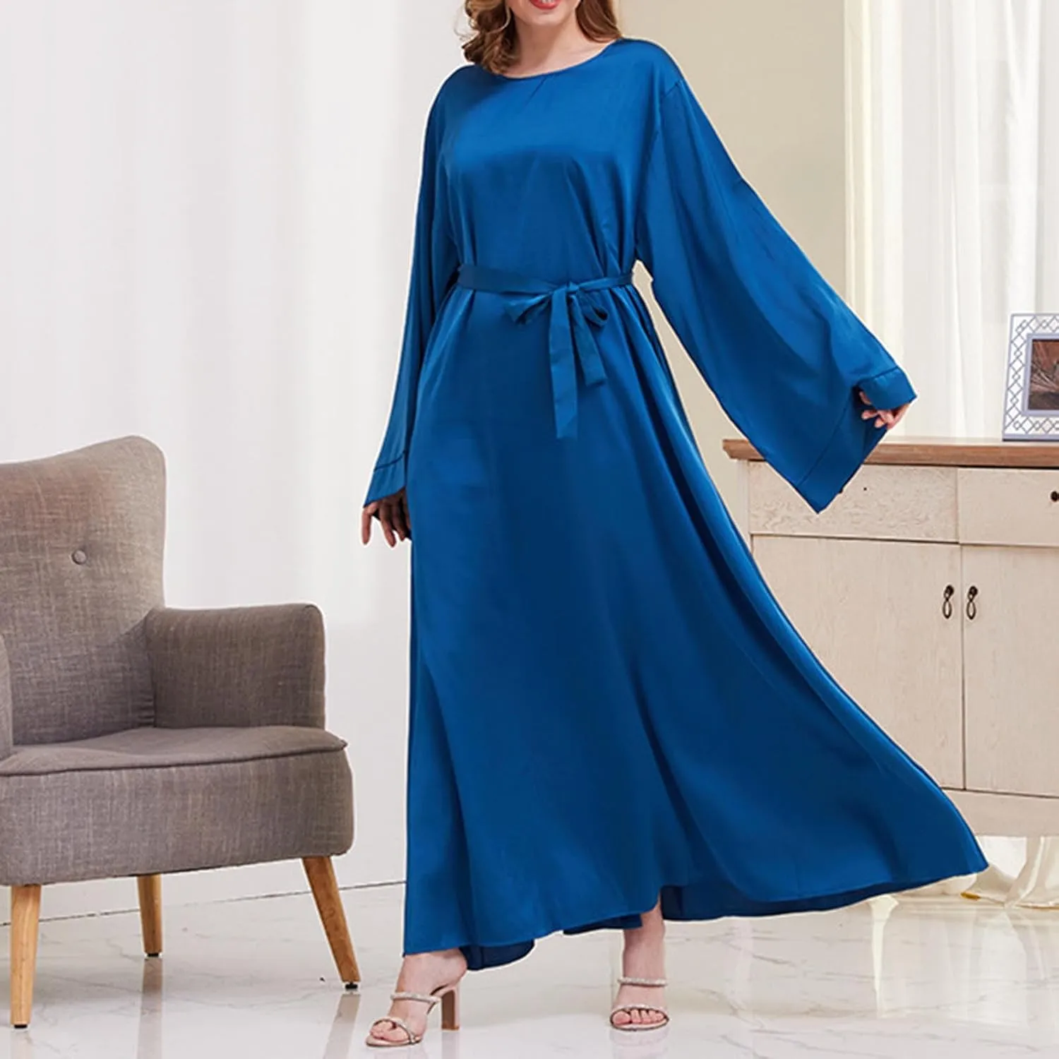 Muslim Dress for Women with Belt Islamic Prayer Ramadan Eid Dress Long Sleeve Maxi Dress Middle East Arabian Robe
