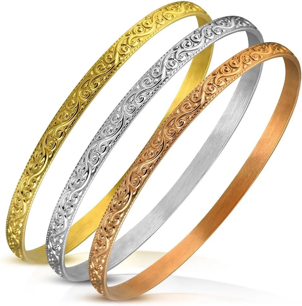 My Daily Styles Stainless Steel Yellow Rose Gold-Tone Silver-Tone Three Stackable Bracelets Set, 8"