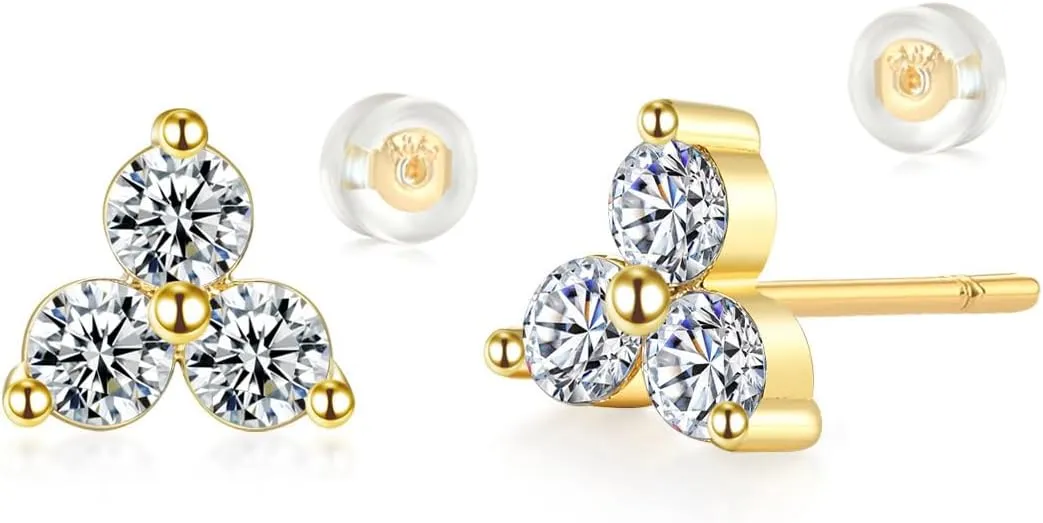 MYEARS Women Trio Earrings Gold Flower Stud Three-stone 14K Gold Plated Small Simple Hypoallergenic Everyday Jewelry