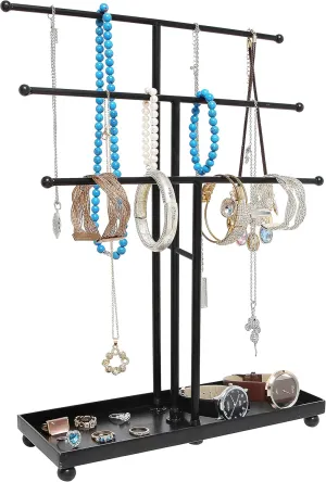 MyGift Modern Jewelry Organizer, 3 Tier Black Metal Tabletop Bracelet and Necklace Jewelry Storage Display Tree Rack with Base Ring Tray