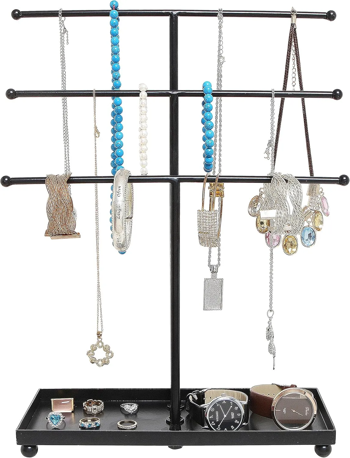 MyGift Modern Jewelry Organizer, 3 Tier Black Metal Tabletop Bracelet and Necklace Jewelry Storage Display Tree Rack with Base Ring Tray