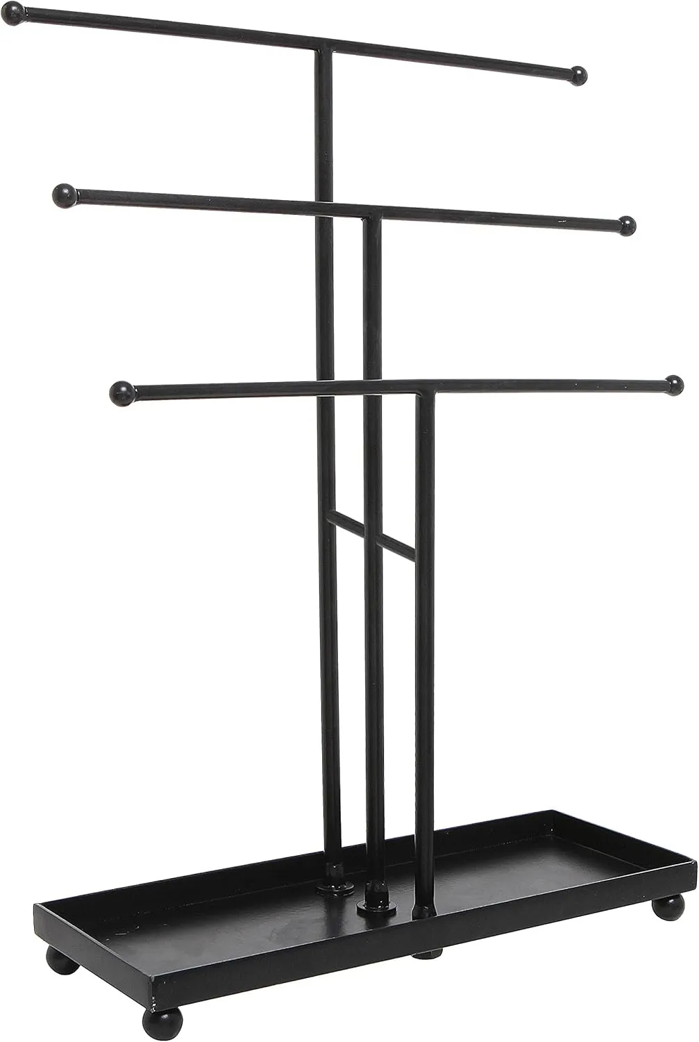 MyGift Modern Jewelry Organizer, 3 Tier Black Metal Tabletop Bracelet and Necklace Jewelry Storage Display Tree Rack with Base Ring Tray