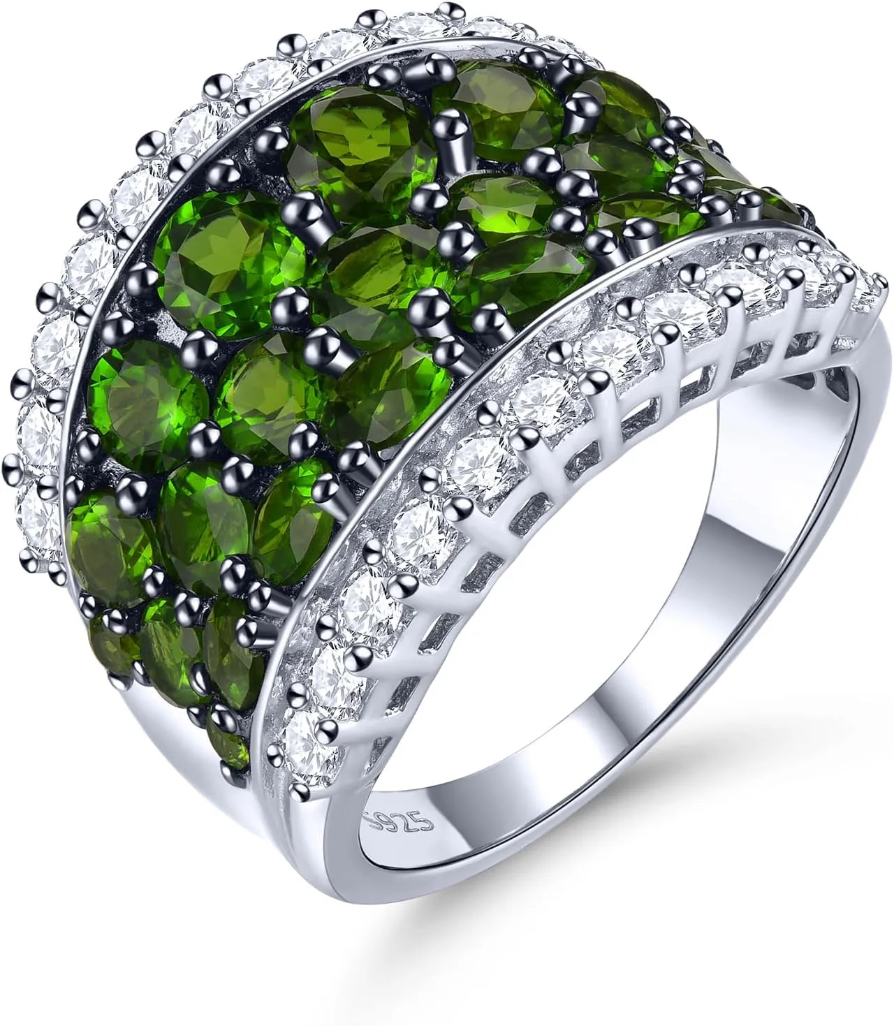Natural Chrome Diopside Rings for Women S925 Sterling Silver Gemstone Birthstone Large Ring Black Plating Elegant Style CZ Fine Jewelry for Her