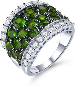 Natural Chrome Diopside Rings for Women S925 Sterling Silver Gemstone Birthstone Large Ring Black Plating Elegant Style CZ Fine Jewelry for Her