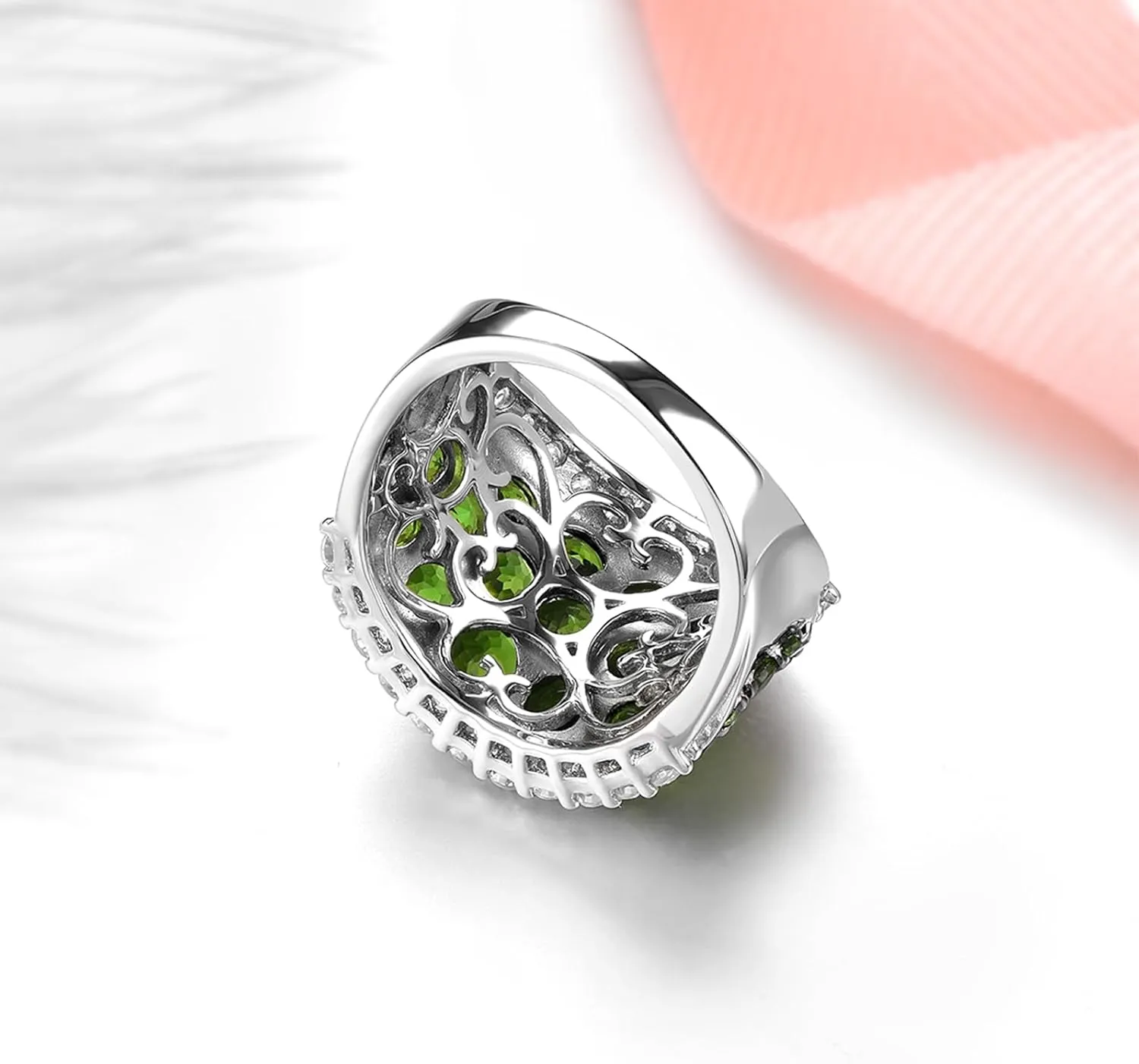 Natural Chrome Diopside Rings for Women S925 Sterling Silver Gemstone Birthstone Large Ring Black Plating Elegant Style CZ Fine Jewelry for Her