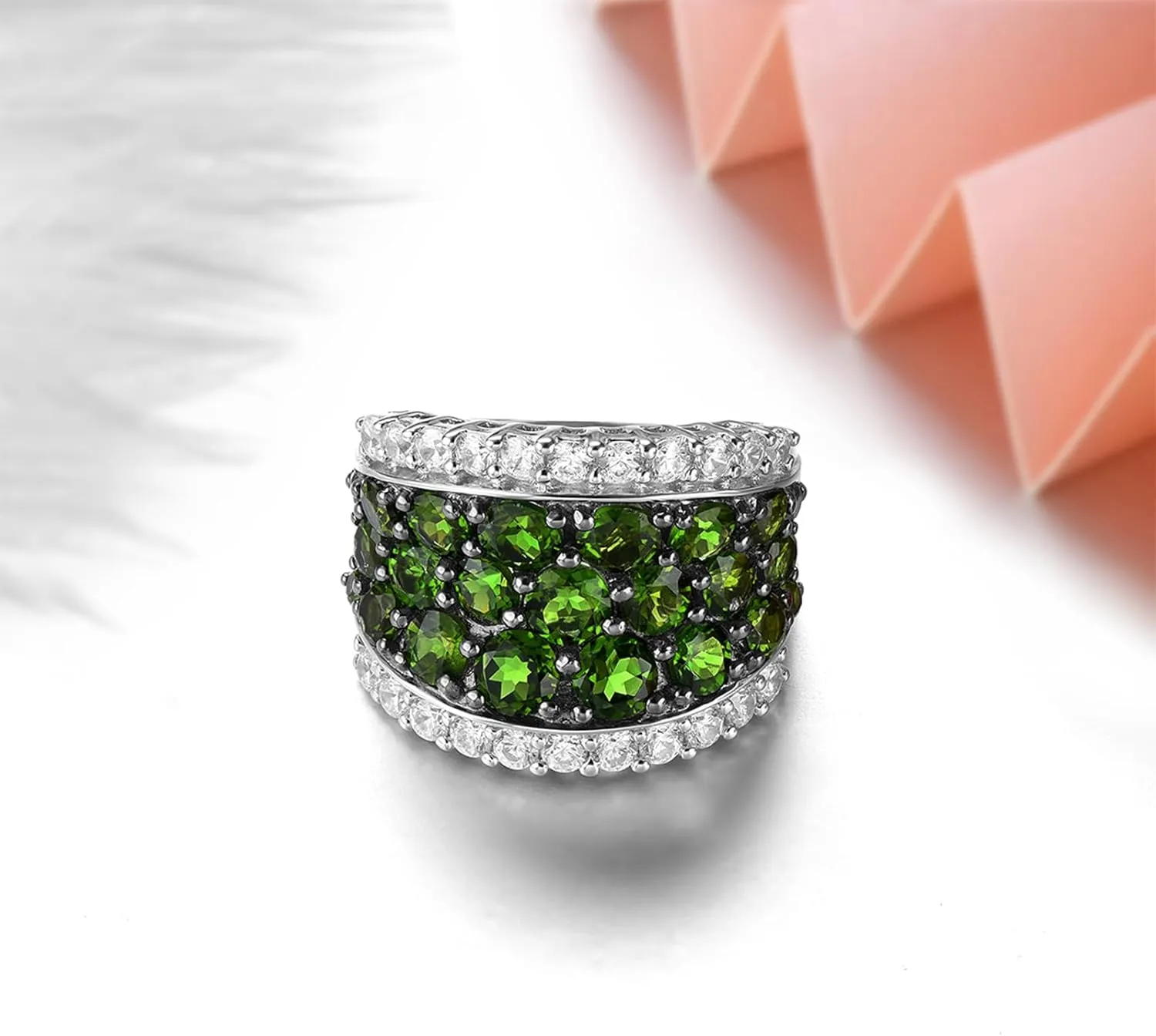Natural Chrome Diopside Rings for Women S925 Sterling Silver Gemstone Birthstone Large Ring Black Plating Elegant Style CZ Fine Jewelry for Her