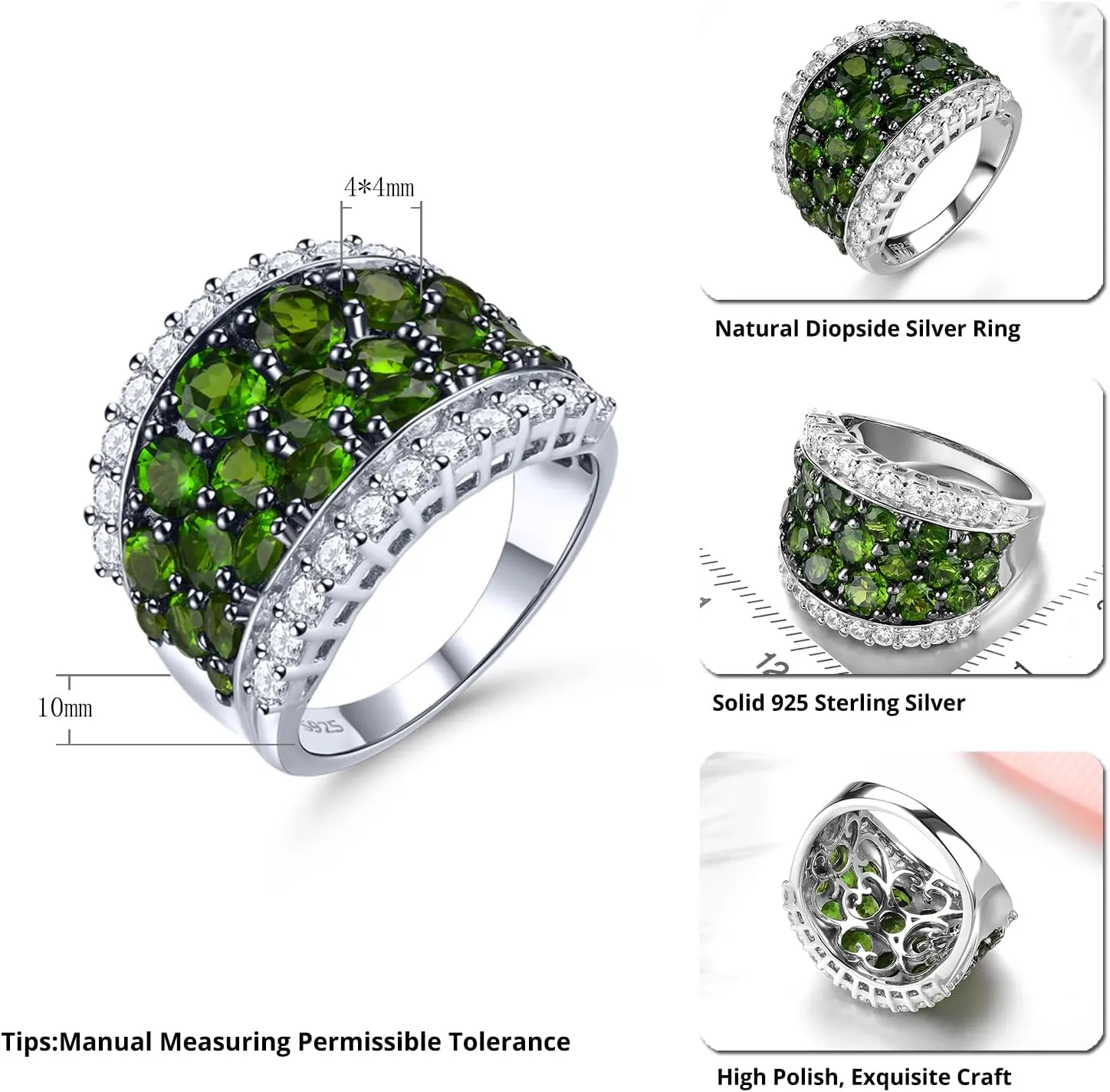 Natural Chrome Diopside Rings for Women S925 Sterling Silver Gemstone Birthstone Large Ring Black Plating Elegant Style CZ Fine Jewelry for Her