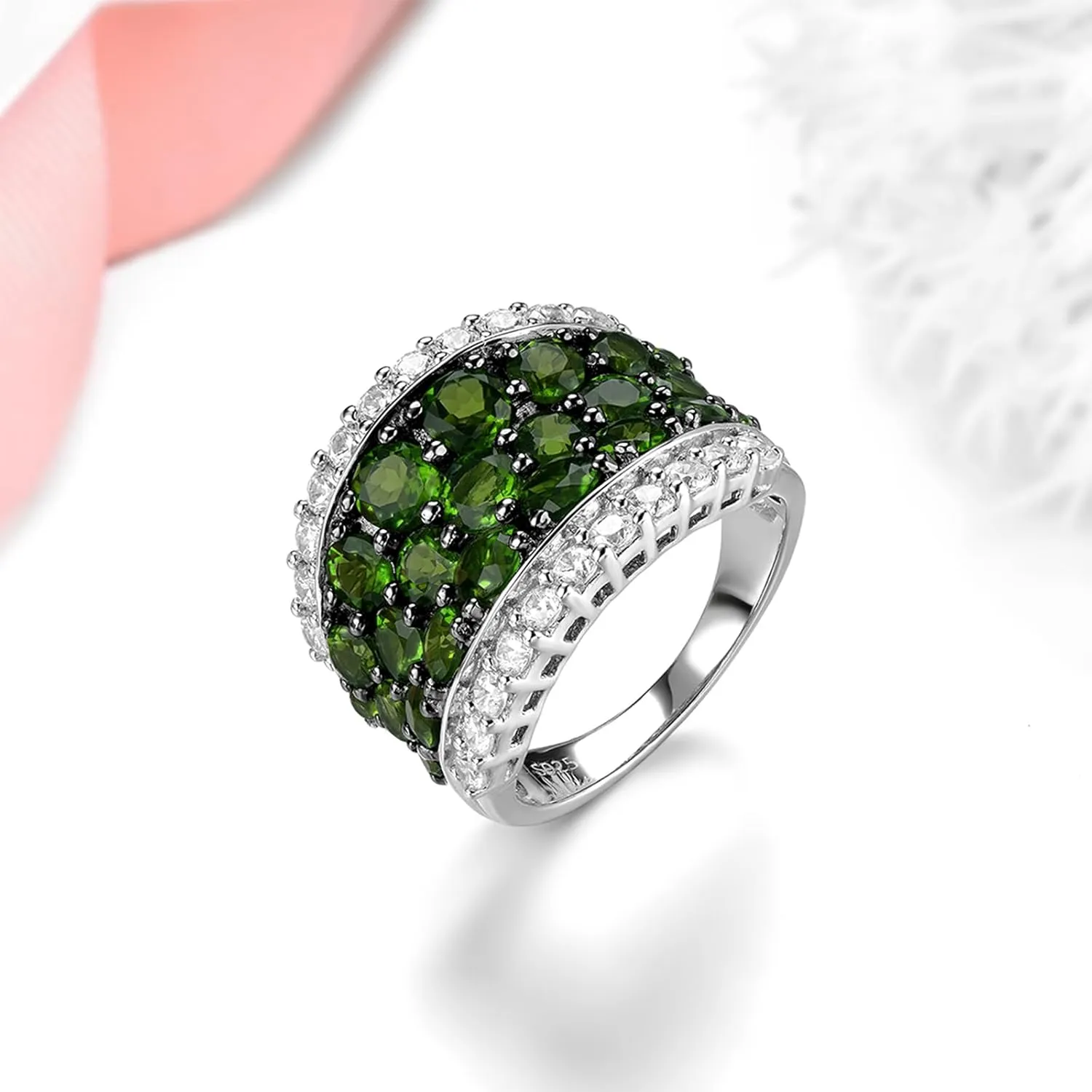Natural Chrome Diopside Rings for Women S925 Sterling Silver Gemstone Birthstone Large Ring Black Plating Elegant Style CZ Fine Jewelry for Her