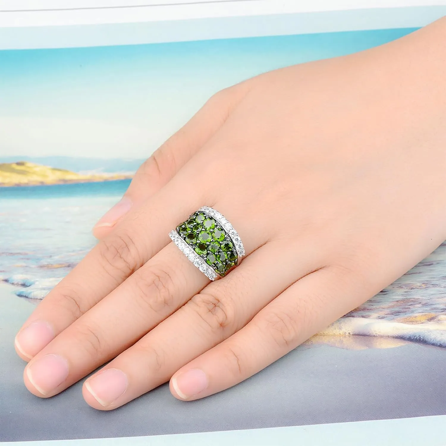 Natural Chrome Diopside Rings for Women S925 Sterling Silver Gemstone Birthstone Large Ring Black Plating Elegant Style CZ Fine Jewelry for Her
