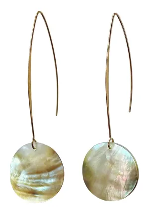 Natural Sea Shell Modern Pull through Earrings Gold, Round Disc Mother of Pearl Long Drop Dangle Earrings for Women Girl Gift (Natural Black)