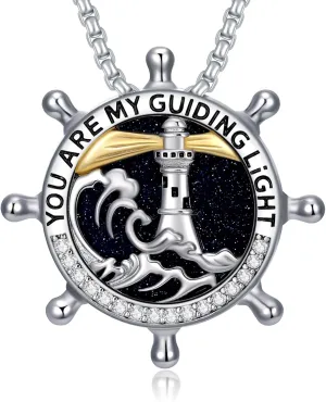 Nautical Necklace for Women 925 Sterling Silver Rudder Lighthouse Pendant Necklace Nautical Pendant Jewelry Gift for Women