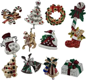 NEW Set of 12 Vintage Inspired Christmas Gold Brooch Lot/Holiday Brooch/Christmas Tree/Snowman/Xmas Pin Lot/Party Favor/