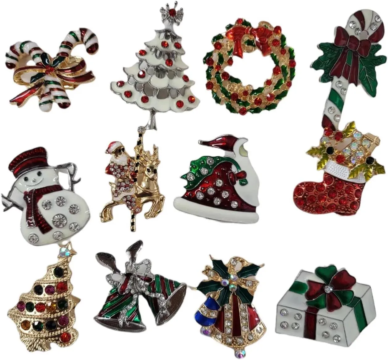 NEW Set of 12 Vintage Inspired Christmas Gold Brooch Lot/Holiday Brooch/Christmas Tree/Snowman/Xmas Pin Lot/Party Favor/