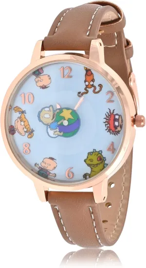 Nickelodeon Rugrats Kids Analog Watch  Vintage Cartoon Characters on Printed Dial, Stitched PU Leather Strap, Rose Gold Alloy Case  Classic Timepiece for Kids and Fans, Fits Wrists 5.5" to 8"