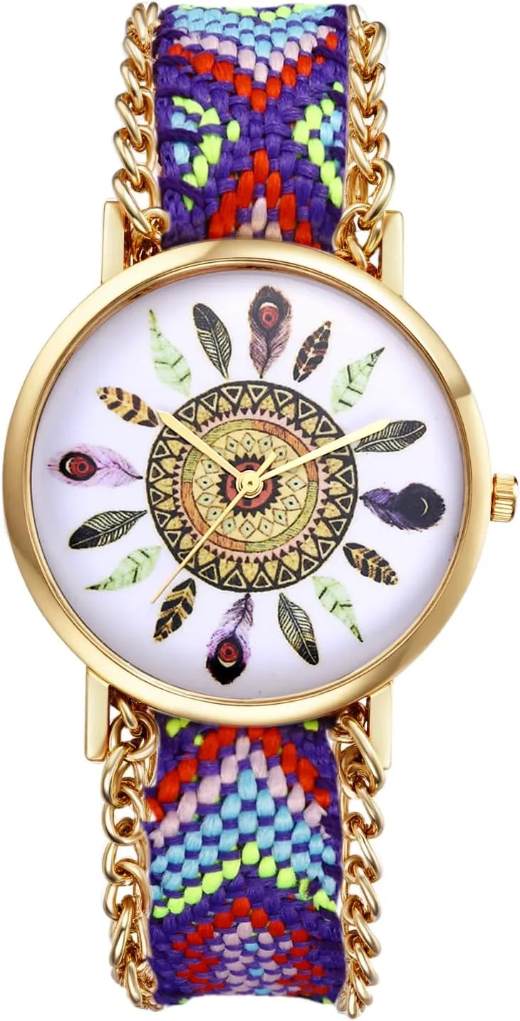 OIDEA Braided Elastic Strap Watch for Women: Bohemian Dreams Catcher Dial Bracelet Wrist Watches Fashion Weave Watch