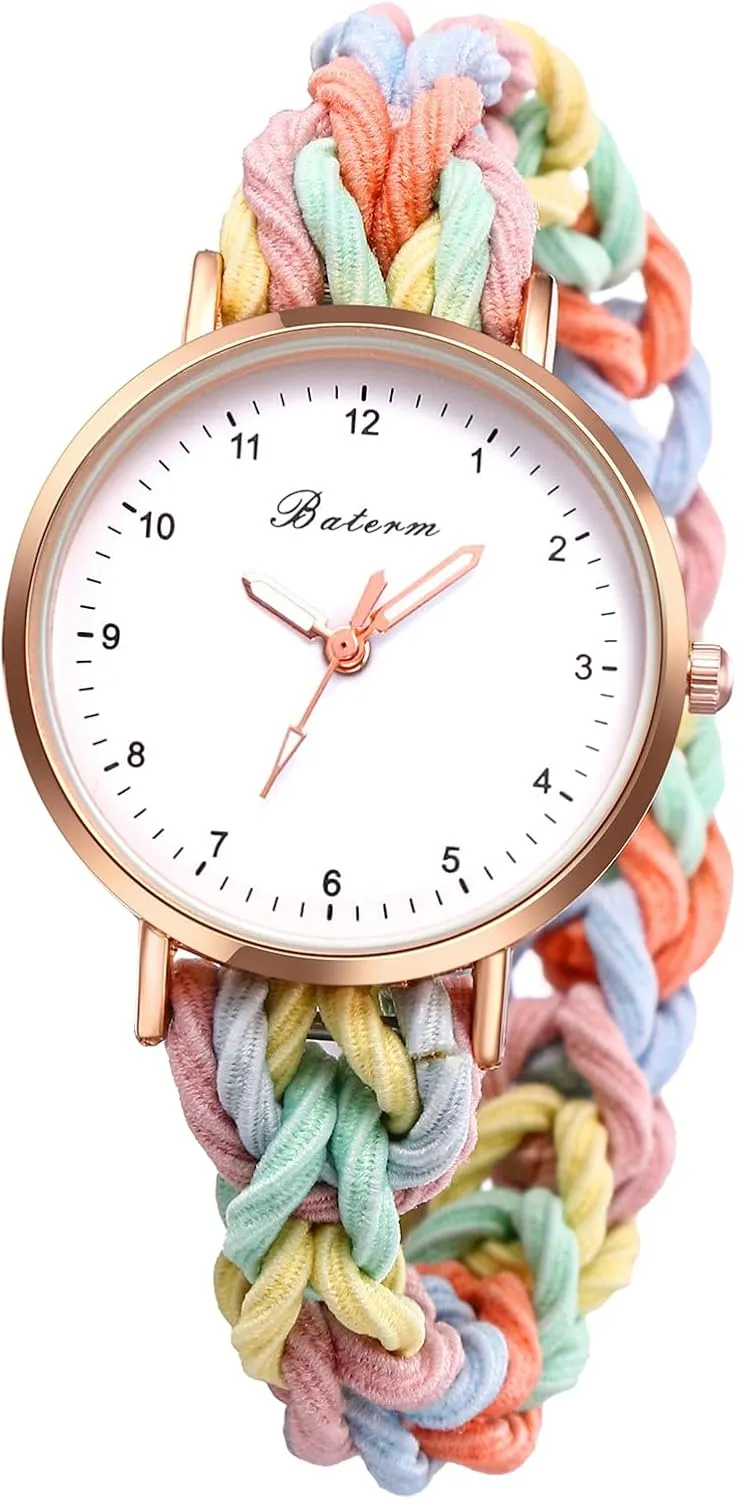 OIDEA Scrunchie Elastic Strap Watches for Women: Ultra Thin Retractable Easy Reader Watch Multi-Color Braided Band Quartz Analog Bracelet Watch Casual Ladies Wristwatch