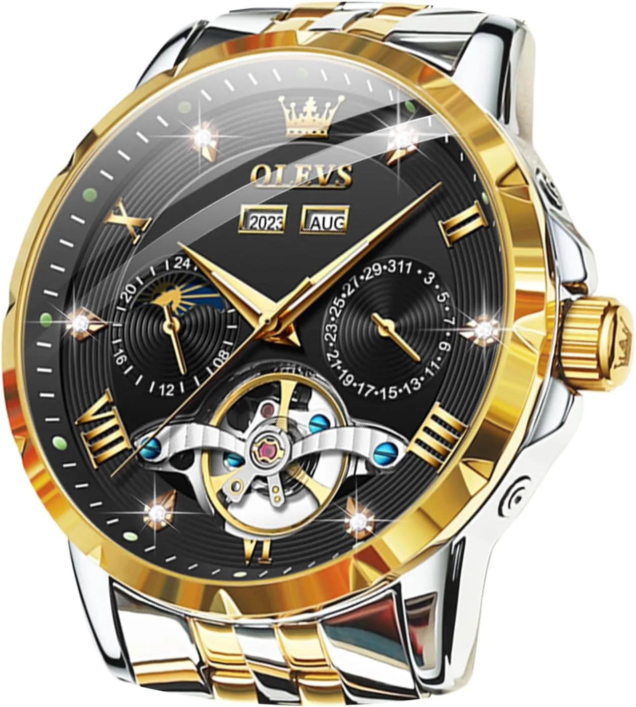 OLEVS Automatic Watches for Men Self Winding Mechanical Skeleton Luxury Dress Stainless Steel Diamond Men Wrist Watches