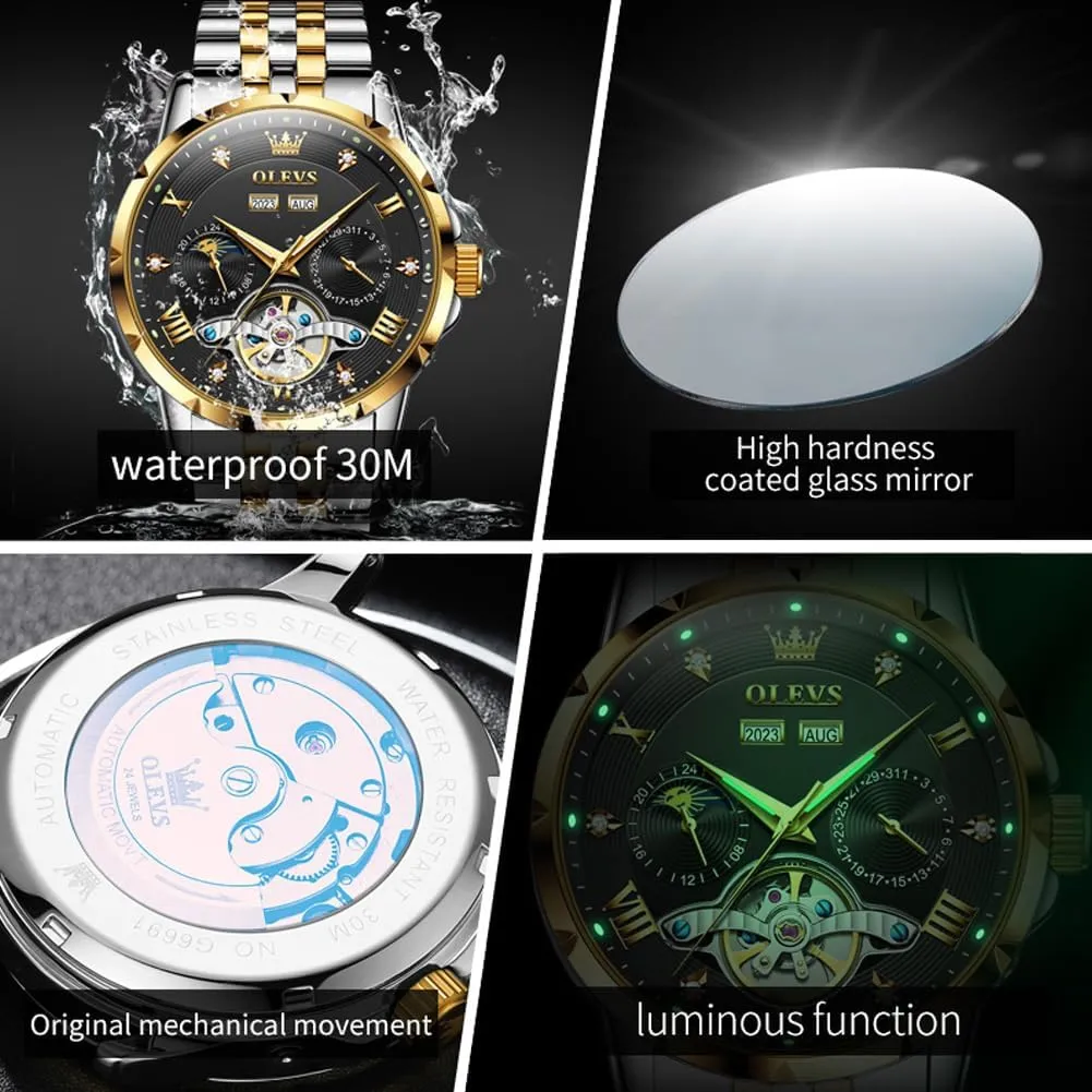 OLEVS Automatic Watches for Men Self Winding Mechanical Skeleton Luxury Dress Stainless Steel Diamond Men Wrist Watches