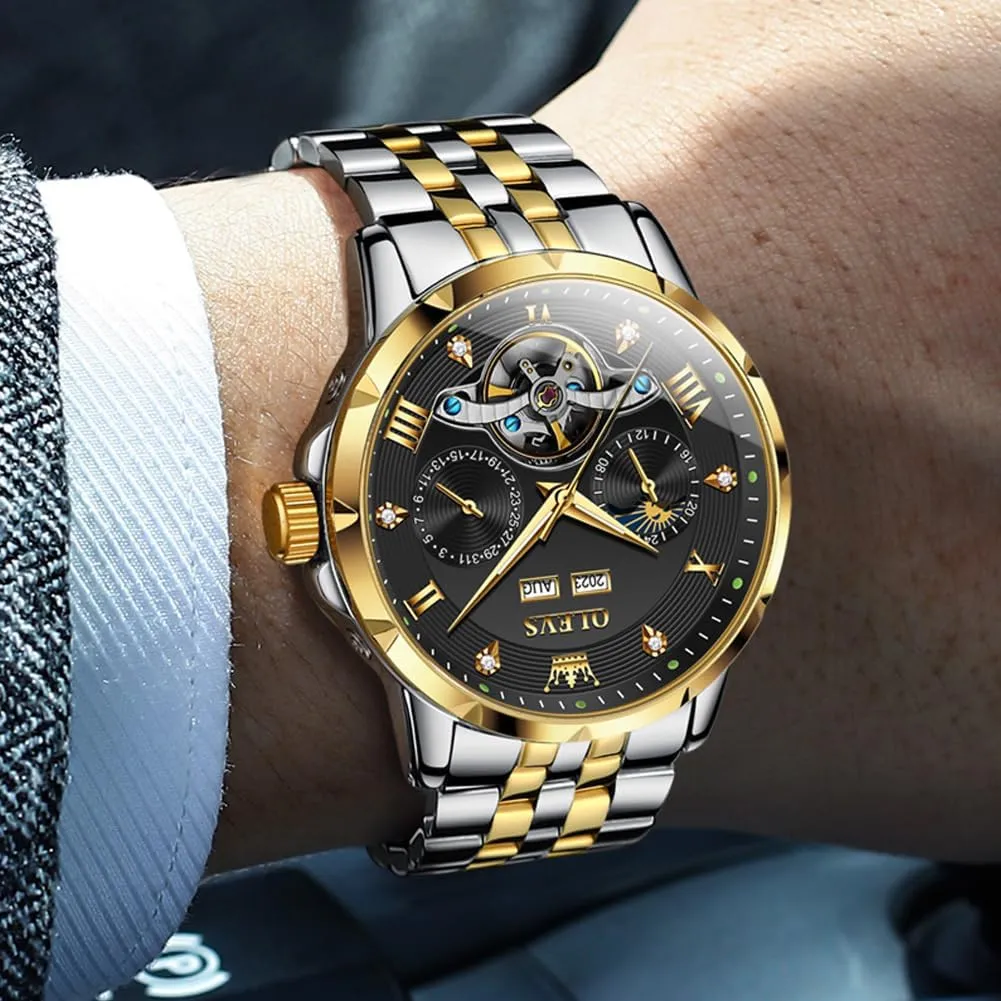 OLEVS Automatic Watches for Men Self Winding Mechanical Skeleton Luxury Dress Stainless Steel Diamond Men Wrist Watches