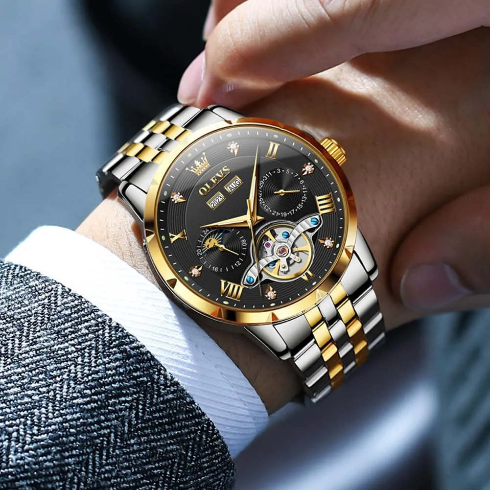OLEVS Automatic Watches for Men Self Winding Mechanical Skeleton Luxury Dress Stainless Steel Diamond Men Wrist Watches