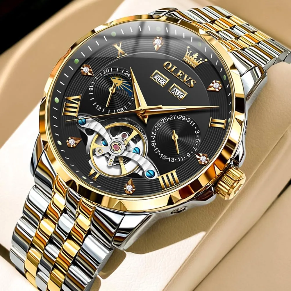 OLEVS Automatic Watches for Men Self Winding Mechanical Skeleton Luxury Dress Stainless Steel Diamond Men Wrist Watches