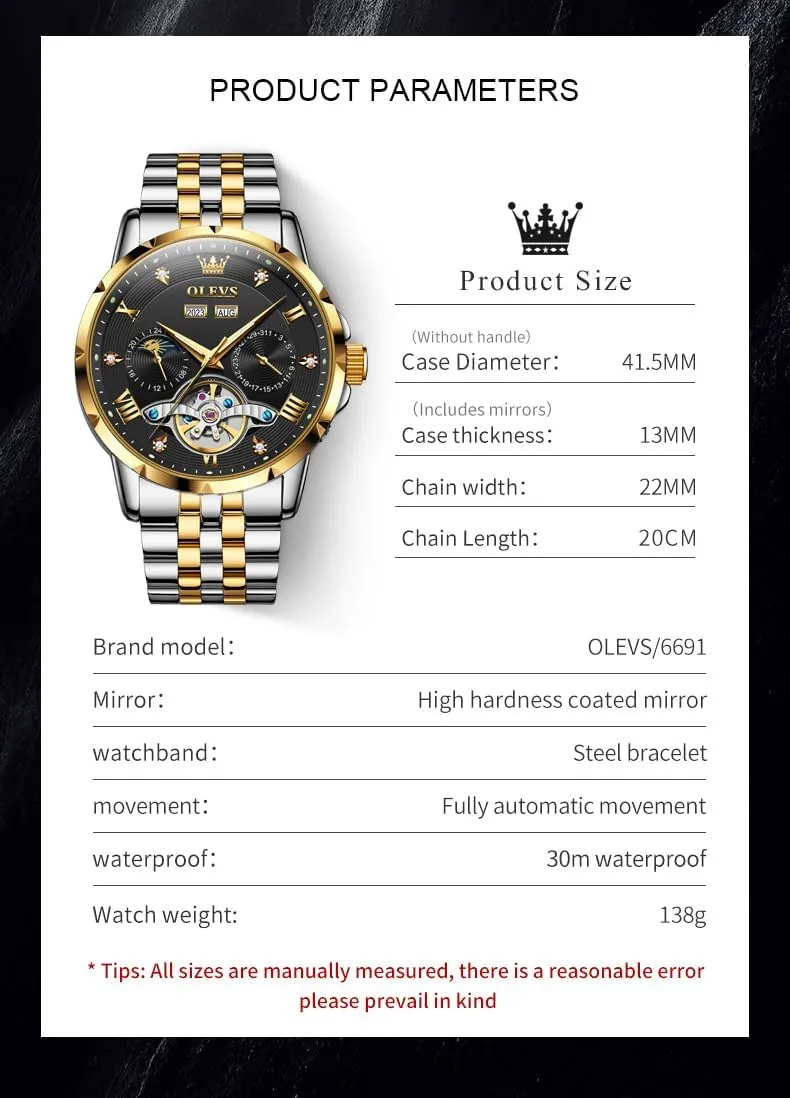OLEVS Automatic Watches for Men Self Winding Mechanical Skeleton Luxury Dress Stainless Steel Diamond Men Wrist Watches