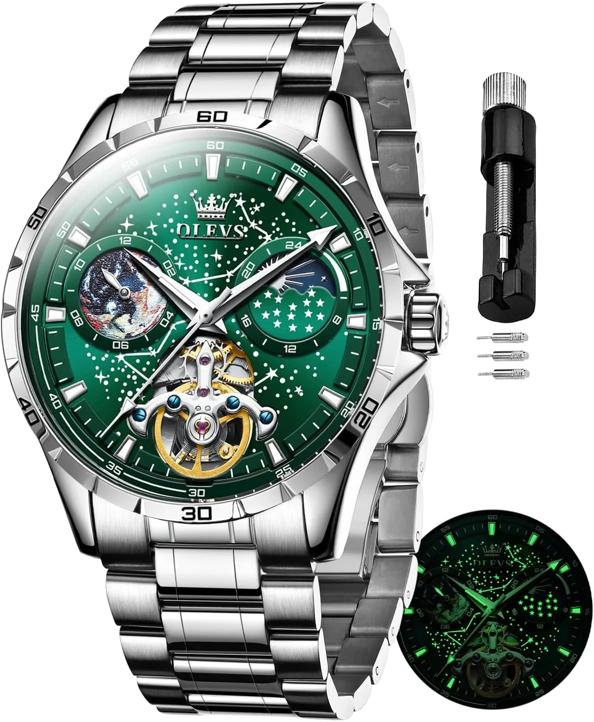OLEVS Mens Automatic Watches Mechanical Self Winding no Battery Stainless Steel Strap Luxury Moon Phase Dress Wrist Watches for Men Waterproof Luminous