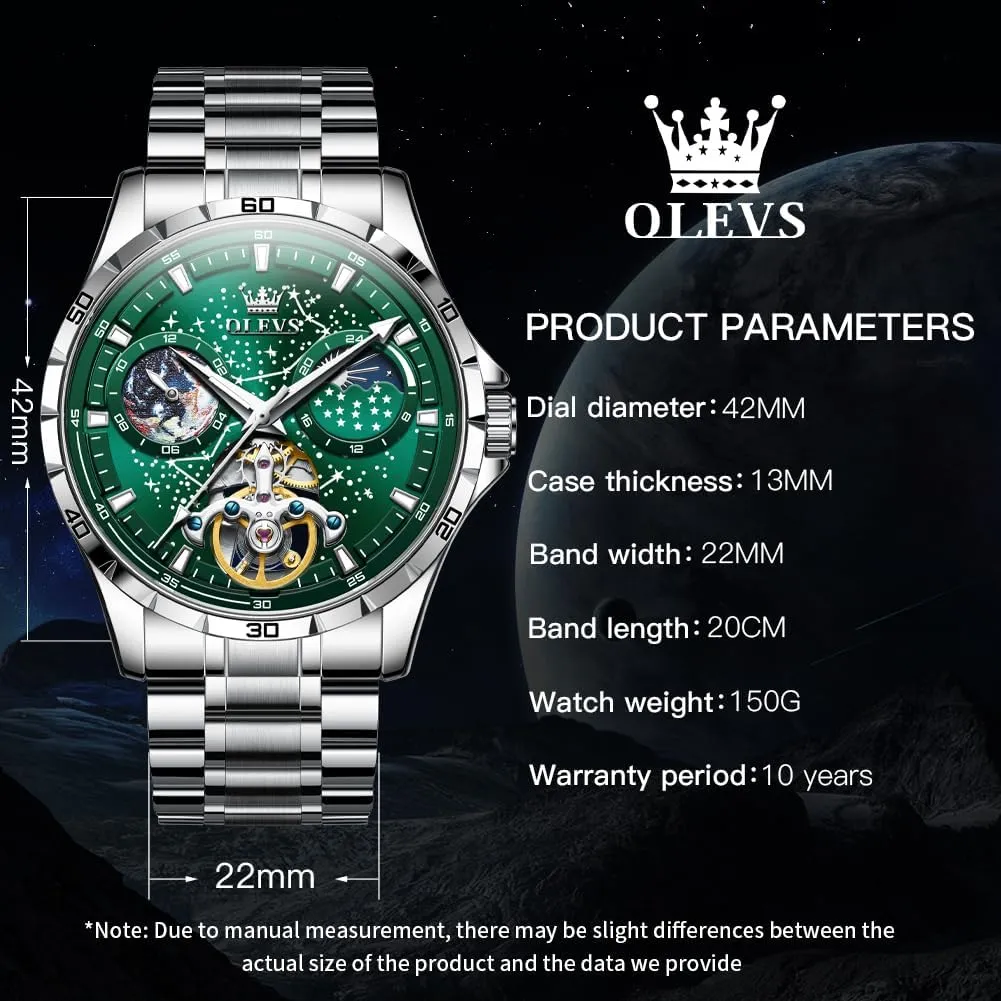OLEVS Mens Automatic Watches Mechanical Self Winding no Battery Stainless Steel Strap Luxury Moon Phase Dress Wrist Watches for Men Waterproof Luminous