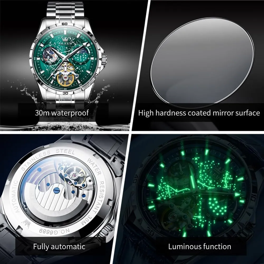 OLEVS Mens Automatic Watches Mechanical Self Winding no Battery Stainless Steel Strap Luxury Moon Phase Dress Wrist Watches for Men Waterproof Luminous