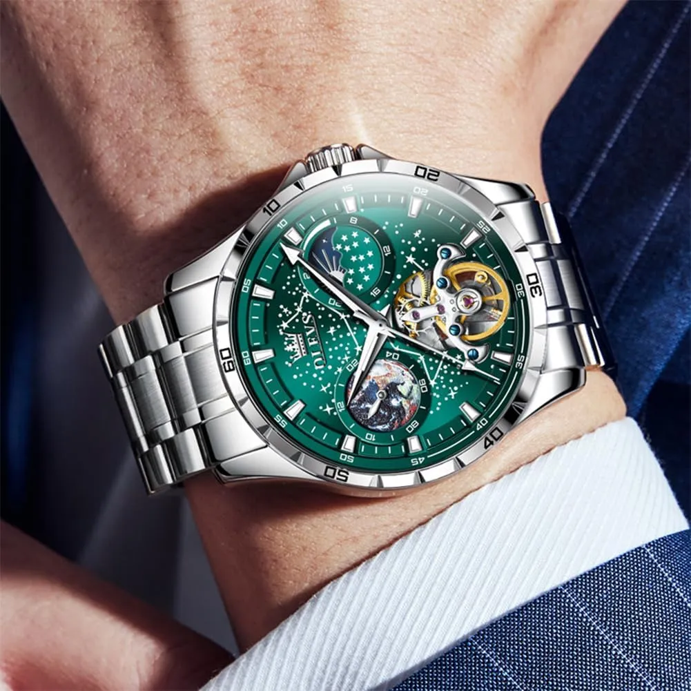 OLEVS Mens Automatic Watches Mechanical Self Winding no Battery Stainless Steel Strap Luxury Moon Phase Dress Wrist Watches for Men Waterproof Luminous