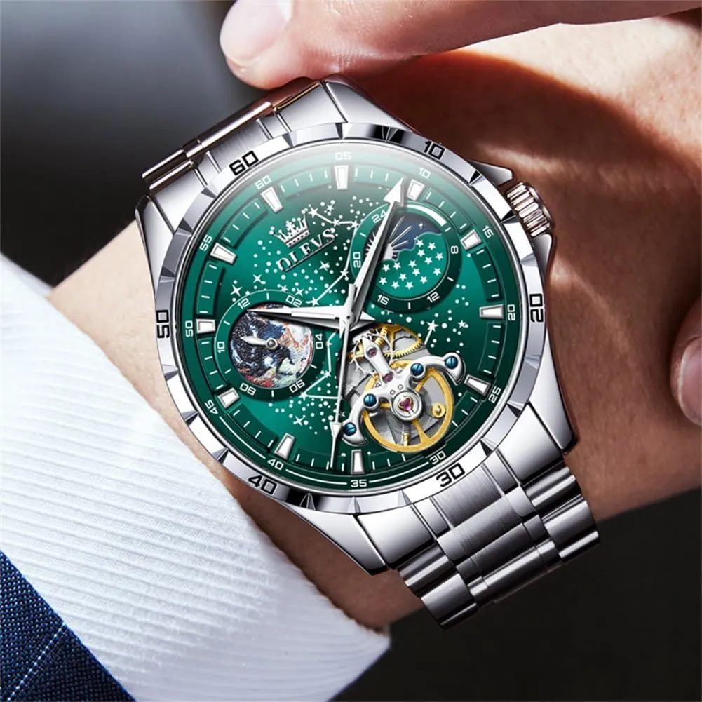 OLEVS Mens Automatic Watches Mechanical Self Winding no Battery Stainless Steel Strap Luxury Moon Phase Dress Wrist Watches for Men Waterproof Luminous