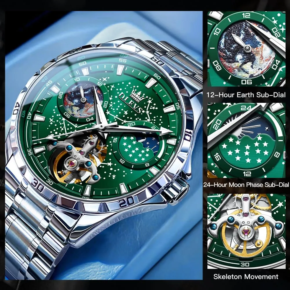 OLEVS Mens Automatic Watches Mechanical Self Winding no Battery Stainless Steel Strap Luxury Moon Phase Dress Wrist Watches for Men Waterproof Luminous