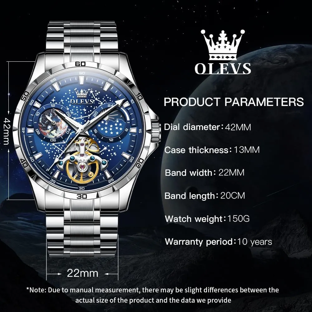 OLEVS Mens Automatic Watches Mechanical Self Winding no Battery Stainless Steel Strap Luxury Moon Phase Dress Wrist Watches for Men Waterproof Luminous