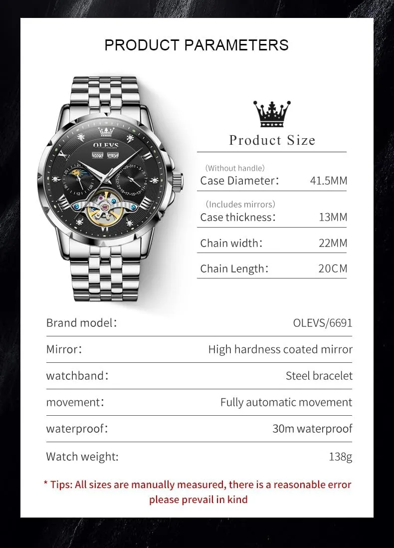 OLEVS Mens Automatic Watches Self Winding Mechanical Luxury Dress Stainless Steel Waterproof Wrist Watches for Men