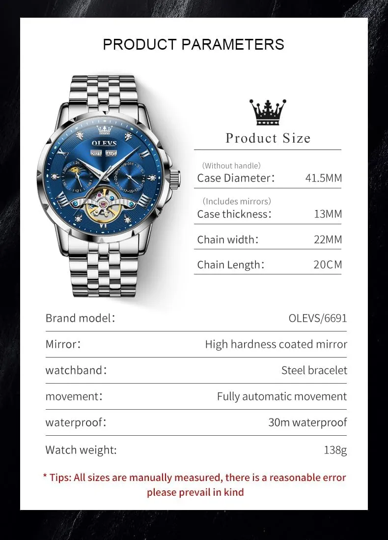 OLEVS Mens Automatic Watches Self Winding Mechanical Luxury Dress Stainless Steel Waterproof Wrist Watches for Men