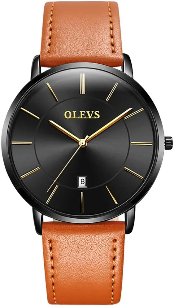 OLEVS Mens Watches Date Ultra Thin Minimalist Fashion Casual Analog Quartz Watch Slim Simple Big Face Waterproof Dress Wrist Watches with Leather Band for Men