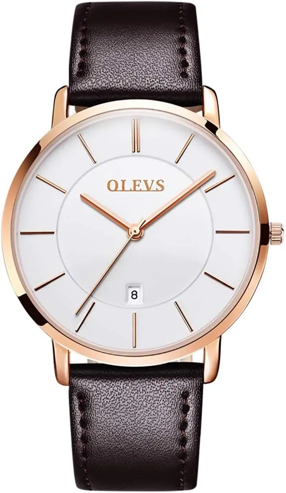 OLEVS Mens Watches Date Ultra Thin Minimalist Fashion Casual Analog Quartz Watch Slim Simple Big Face Waterproof Dress Wrist Watches with Leather Band for Men