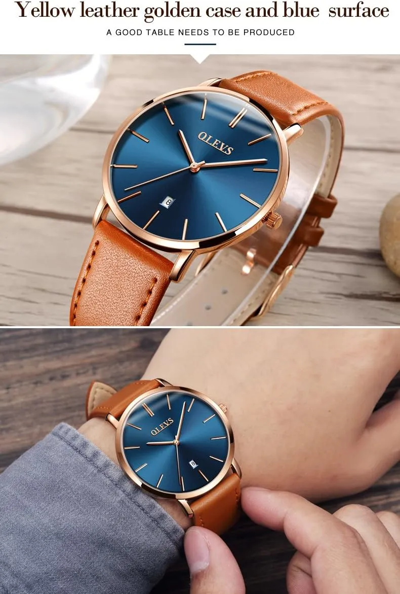 OLEVS Mens Watches Minimalist Ultra Thin Fashion Casual Analog Quartz Date Watch Waterproof Slim Simple Big Face Dress Wrist Watch with Retro Leather Band for Men