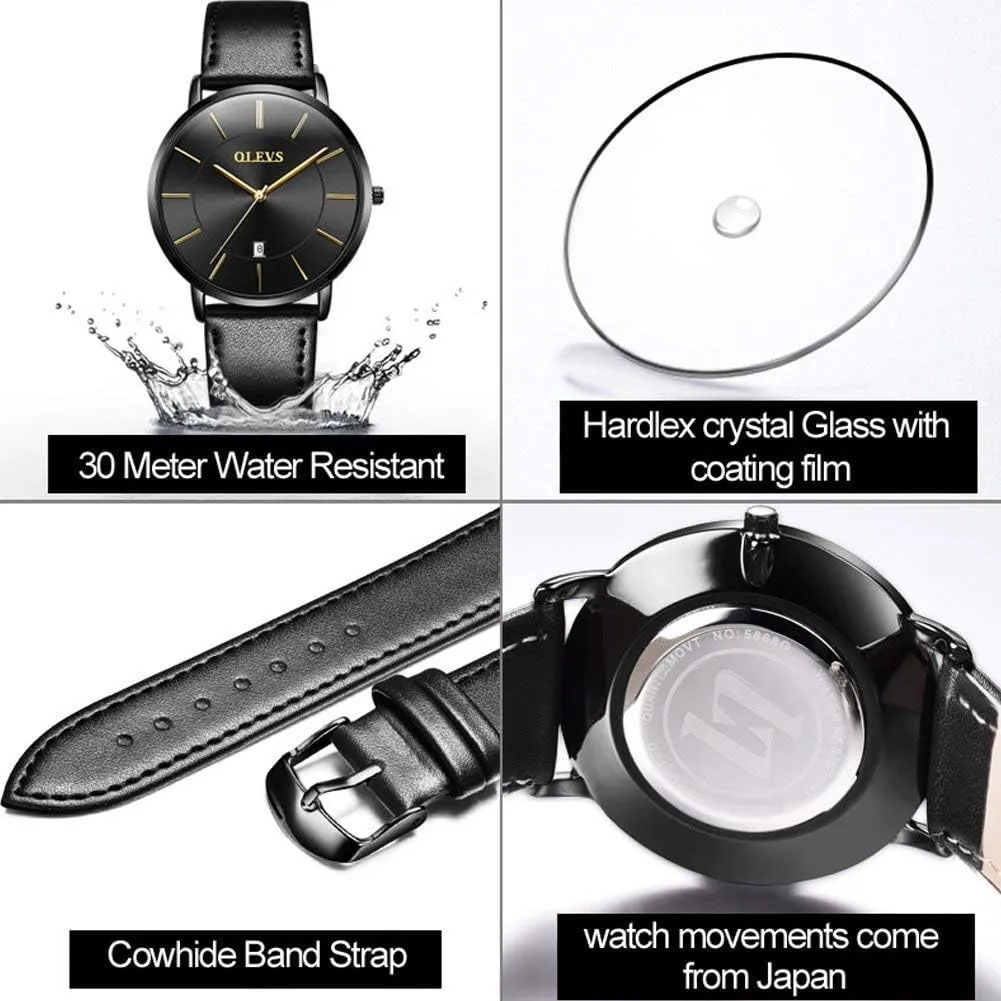 OLEVS Mens Watches Minimalist Ultra Thin Fashion Casual Analog Quartz Date Watch Waterproof Slim Simple Big Face Dress Wrist Watch with Retro Leather Band for Men