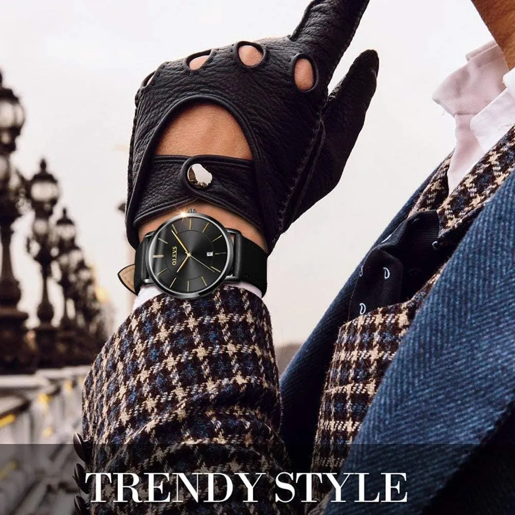 OLEVS Mens Watches Minimalist Ultra Thin Fashion Casual Analog Quartz Date Watch Waterproof Slim Simple Big Face Dress Wrist Watch with Retro Leather Band for Men