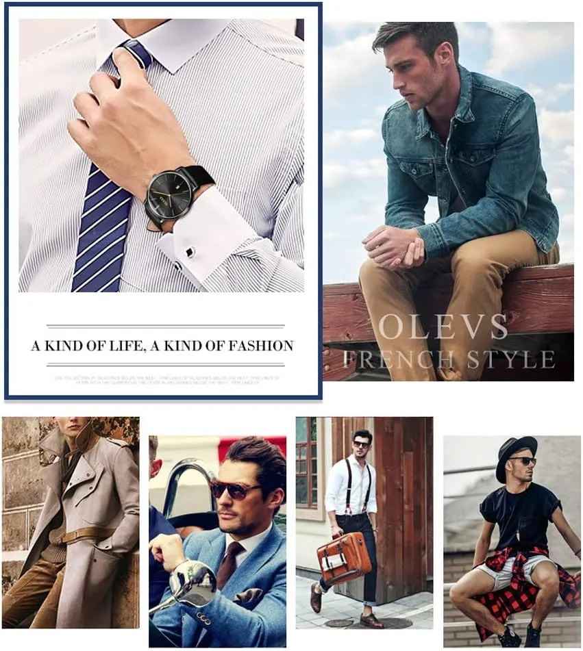 OLEVS Mens Watches Minimalist Ultra Thin Fashion Casual Analog Quartz Date Watch Waterproof Slim Simple Big Face Dress Wrist Watch with Retro Leather Band for Men