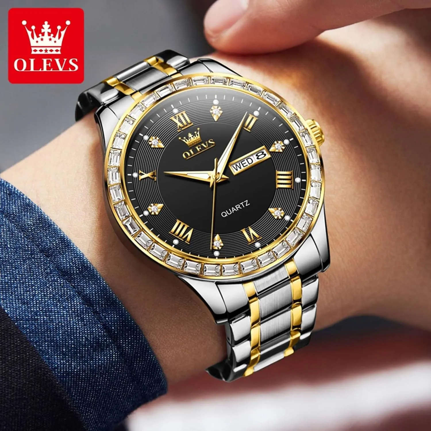 OLEVS Watches for Men with Date Stainless Steel Men Quartz Watches Roman Dial Diamond Classic Business Male Wristwatch Waterproof Luminous Calendar Reloj para Hombr(Gold/Black/Grey/White Dial)